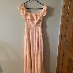 Lulu’s bridesmaid dress, grace peach off the shoulder maxi dress. Never worn!!!